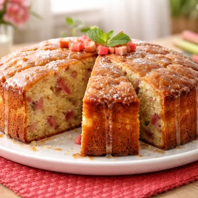 Delicious rhubarb cake with butter sauce served on a plate