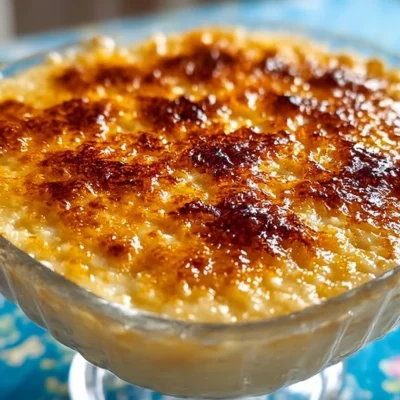 Bowl of old fashioned rice pudding topped with cinnamon and raisins
