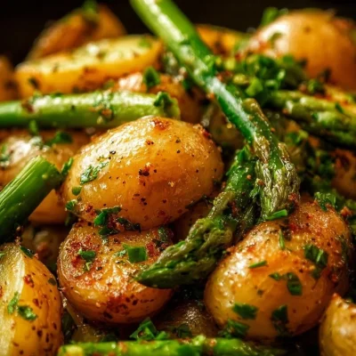 One-Pan Garlic Potatoes and Asparagus dish ready to serve