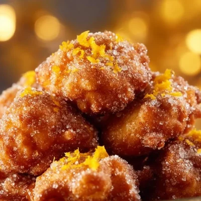 Freshly made Orange Cinnamon Fritters dusted with sugar.