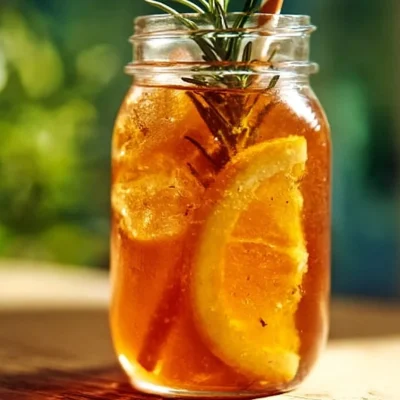 Glass of refreshing Orange Rosemary Iced Tea garnished with rosemary sprig