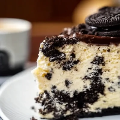 Oreo cheesecake slice with creamy filling and crushed cookie layers, topped with whole Oreos.