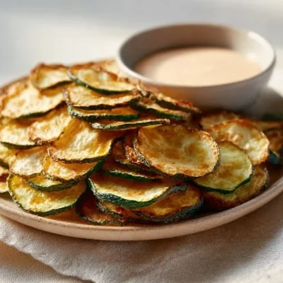 Oven baked zucchini chips seasoned with sea salt on a white plate