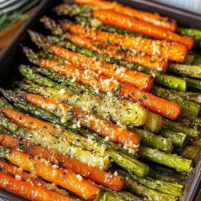 Oven-roasted asparagus and carrots served on a plate.