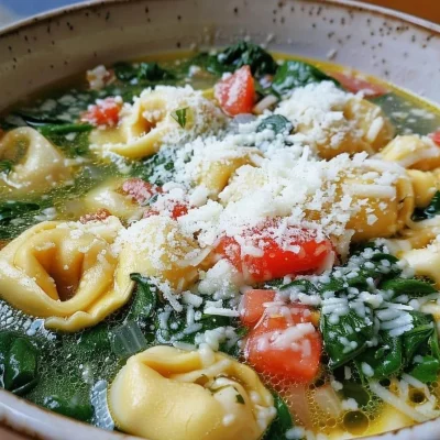 Bowl of homemade Parmesan Tortellini Soup garnished with herbs.