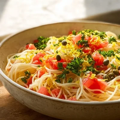Pasta salad with capers, tomatoes, and fresh ingredients in a bowl