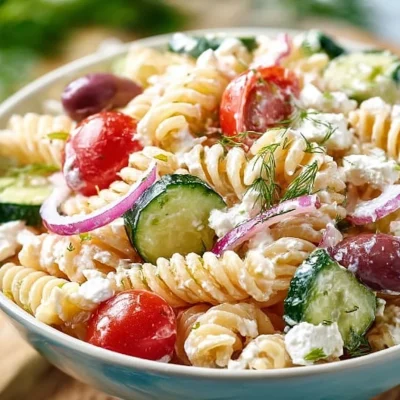 Healthy Pasta Salad with Greek Yogurt, colorful ingredients for a nutritious meal.