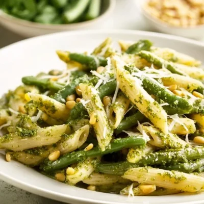 A vibrant pasta salad with pesto, mixed vegetables, and fresh basil