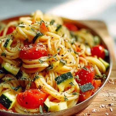 Pasta dish with fresh garden tomatoes and zucchini