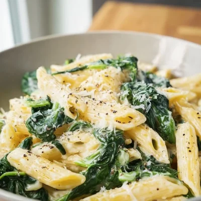 Plate of pasta with spinach sauce garnished with grated cheese