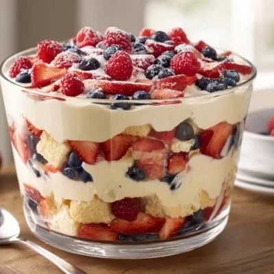 Patriotic Trifle dessert featuring layers of red, white, and blue ingredients.