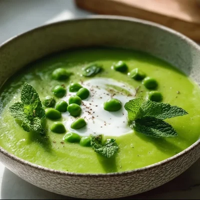 A bowl of vibrant Pea & Mint Soup garnished with fresh mint leaves.