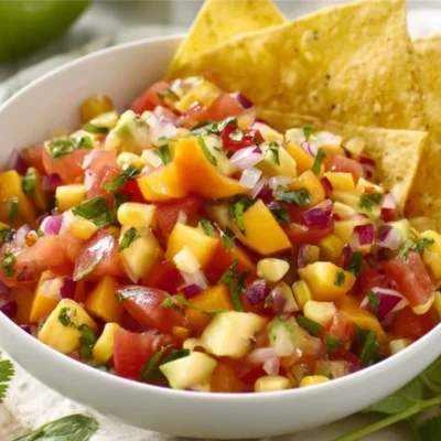 Fresh Peach Corn Salsa in a bowl with colorful ingredients