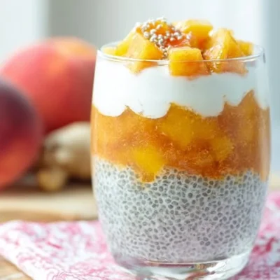 Peach Ginger Chia Seed Pudding topped with fresh peach slices and ginger