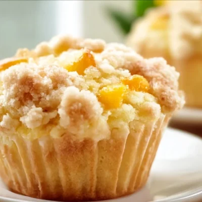 Delicious peach muffins topped with cinnamon streusel for a delightful breakfast treat.