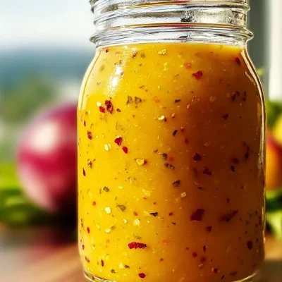 Delicious peach salad dressing drizzled over a fresh green salad.