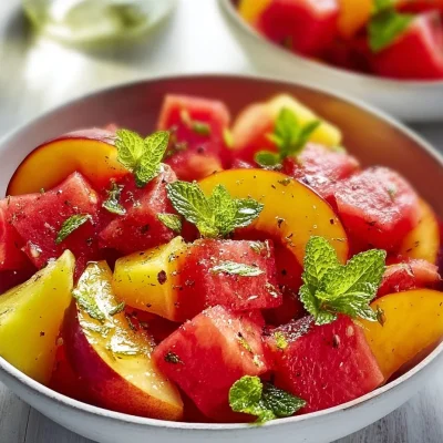 Colorful Peach Watermelon Salad with greens and dressing