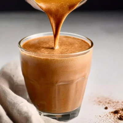 Delicious Peanut Butter Coffee Smoothie in a glass topped with coffee beans.