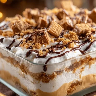 Peanut Butter Layered Delight no-bake dessert with creamy layers and chocolate topping.