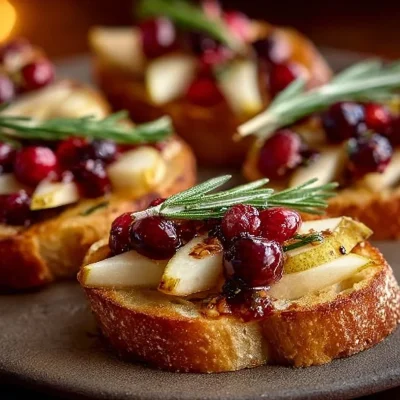 Delicious pear brie cranberry crostini appetizer on a platter