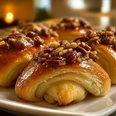 Pecan pie crescent rolls drizzled with caramel and topped with pecans