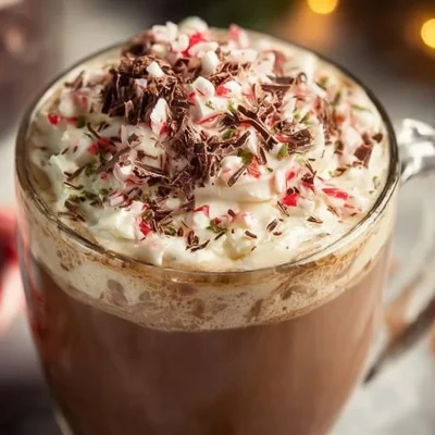 Delicious Peppermint Mocha topped with whipped cream and chocolate shavings