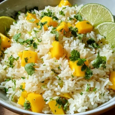 A bowl of vibrant mango lime rice garnished with fresh herbs.