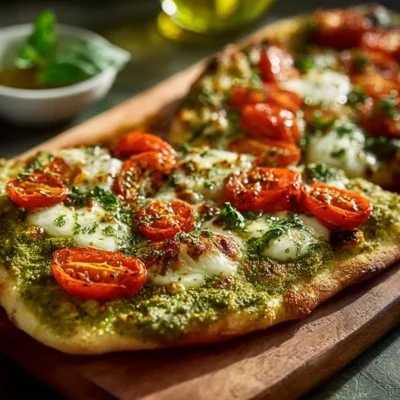 Homemade Pesto Flatbread Pizza topped with fresh ingredients and herbs
