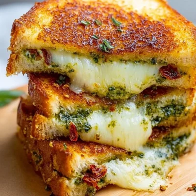 Delicious pesto grilled cheese sandwich with melted cheese and fresh pesto