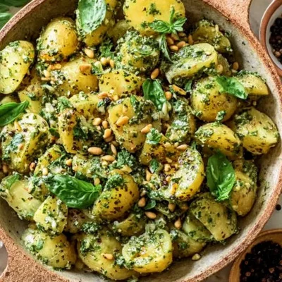 Delicious pesto potato salad with herbs and fresh ingredients