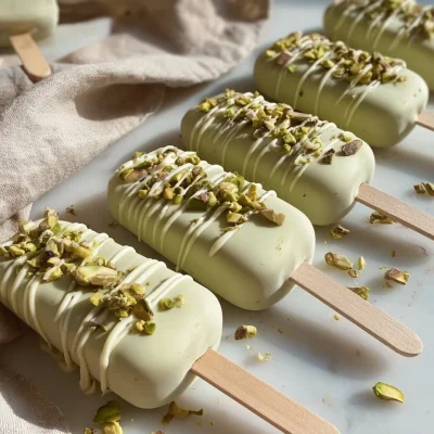 Delicious pistachio popsicles served on a wooden stick