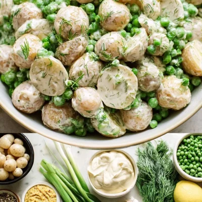 Delicious potato salad with peas and dill served in a bowl