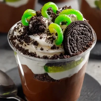 Pudding cup topped with cream, cookie crumbs, green gummy worms, and a chocolate cookie.
