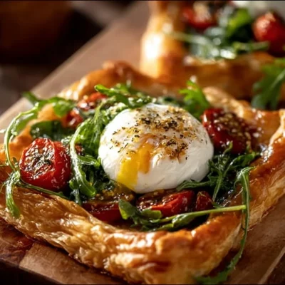 Puff pastry tomato tart garnished with fresh herbs and cheese