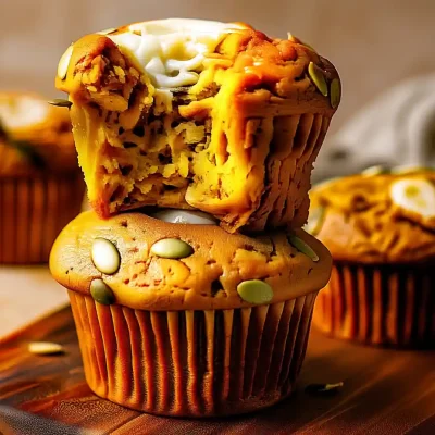 pumpkin cream cheese muffins stacked high with creamy swirl inside