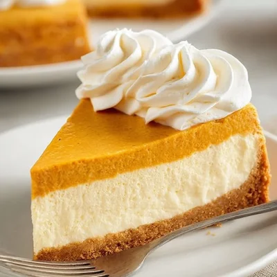 Delicious Pumpkin Pie Cheesecake topped with whipped cream and spices