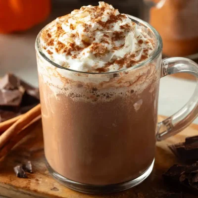 Delicious pumpkin spice hot chocolate topped with whipped cream and cinnamon.