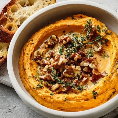 Creamy pumpkin whipped feta dip served in a bowl with herbs.