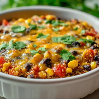 Quinoa and Black Bean Casserole topped with fresh herbs and served in a dish