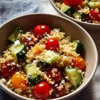 A vibrant and colorful quinoa salad with fresh vegetables and herbs.