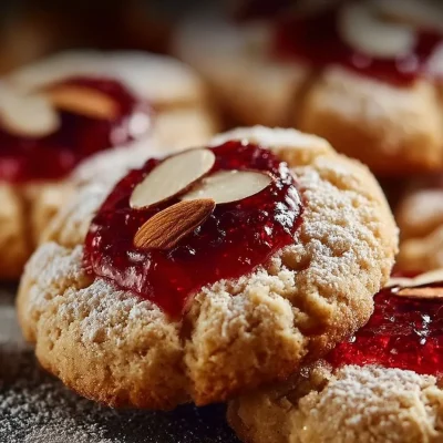 Raspberry almond shortbread cookies with a thumbprint design and fresh raspberries