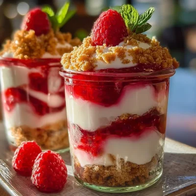 Delicious Raspberry Cheesecake Parfait with fresh raspberries and layers of cheesecake