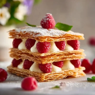 Stack of Raspberry Mille-Feuille Cookies with fresh raspberries on top
