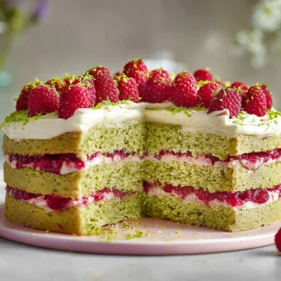 Slice of Raspberry Pistachio Cake with berries and nuts on a white plate