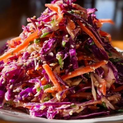 Red cabbage coleslaw topped with tahini ginger lime dressing in a bowl.
