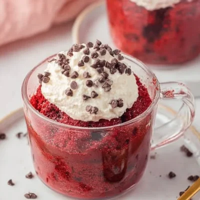 Delicious red velvet mug cake served in a mug with cream cheese frosting.