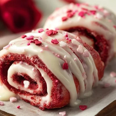 Delicious Red Velvet cinnamon rolls topped with cream cheese icing for Valentine's Day.