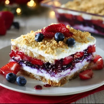 Red White & Blue Mixed Berry Yum Yum dessert topped with fresh berries
