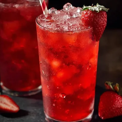 Refreshing glass of vanilla strawberry iced tea with fresh berries and ice cubes