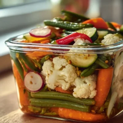 A colorful assortment of refrigerator pickled vegetables in jars